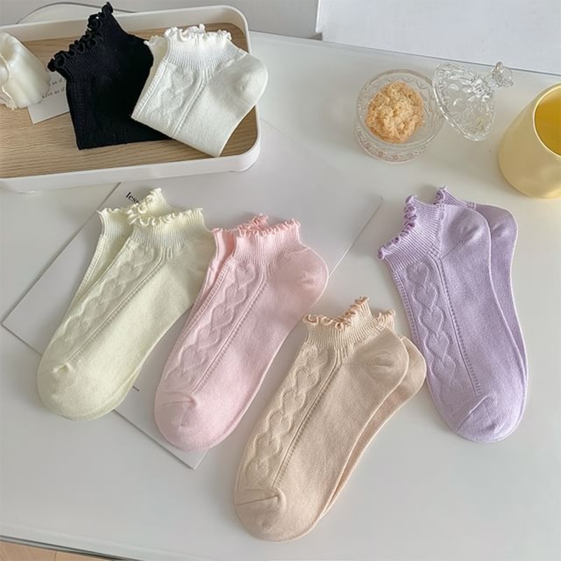 Ruffle Trim Plain Socks|Black|Khaki|Milky White|Pink|Purple|White|One Size