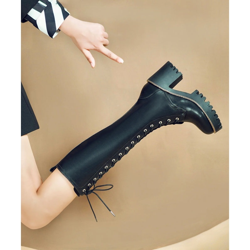Black Fashion Cross Strap Zippered Splicing Chunky Boots RI017