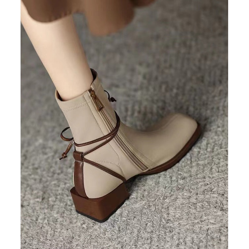 Boutique Apricot Zippered Lace Up Splicing Chunky Boots RI029