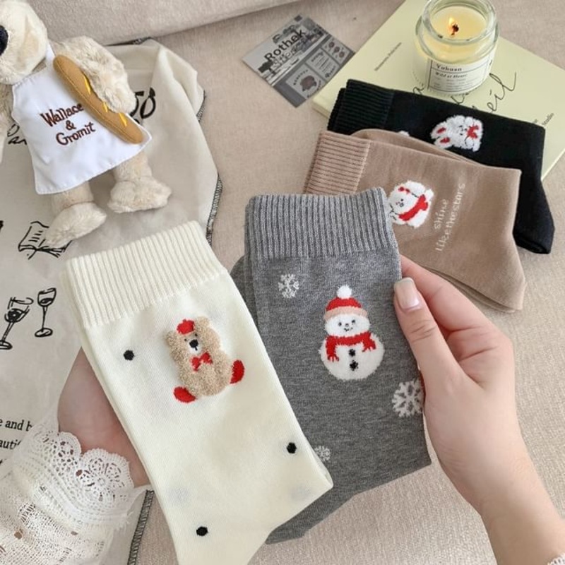 Cartoon Patterned Short Socks|Black|Gray|Khaki|White|One Size