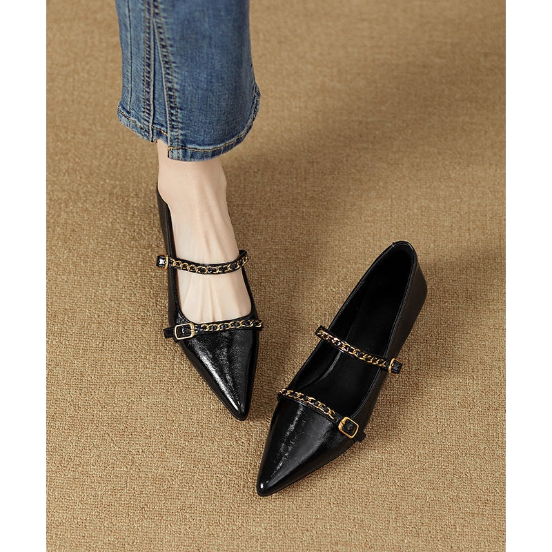 Classy Splicing Flat Shoes Black Cowhide Leather Pointed Toe RI021