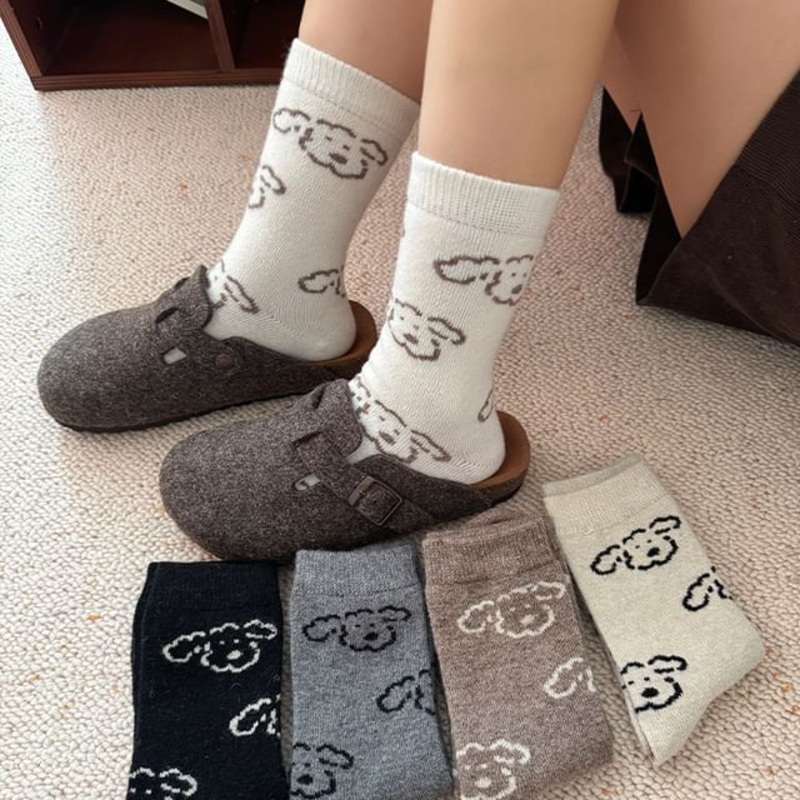 Dog Print Socks|Black|Coffee|Gray|Oatmeal|Off-White|One Size