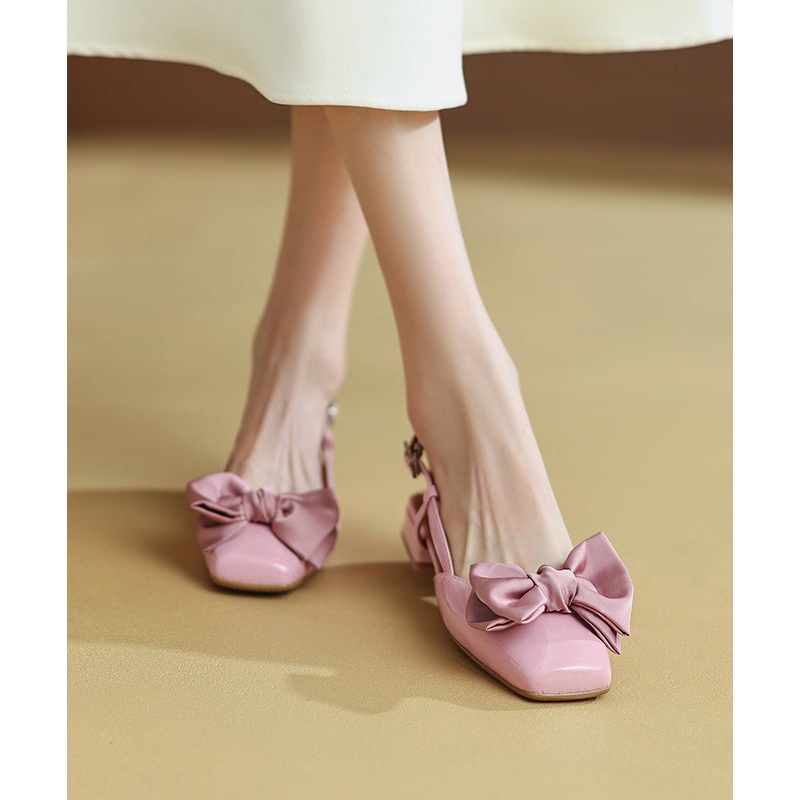 Elegant Splicing Bow Chunky Sandals Pink Cowhide Leather RI033