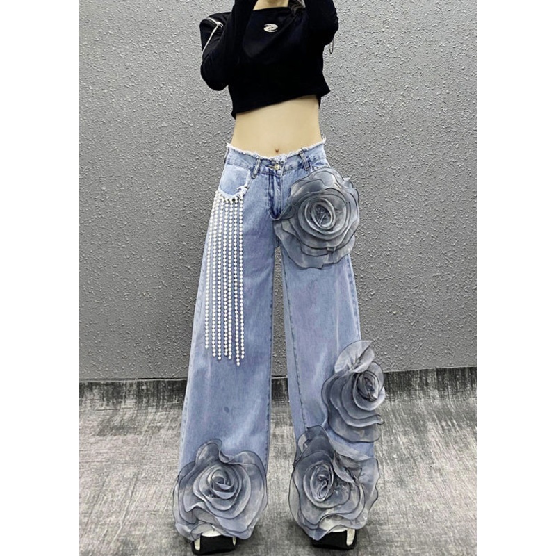 Fashion Blue Pockets Floral Bead Tassel Denim Pants Fall RI013