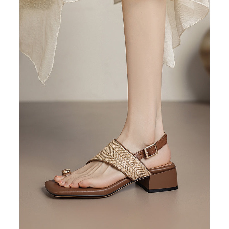 French Apricot Sheepskin Flip Flops Splicing Chunky Heel Sandals RI018