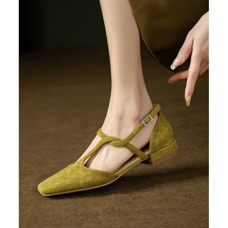 French Green Hollow Out Cross Strap Splicing Suede Sandals RI028