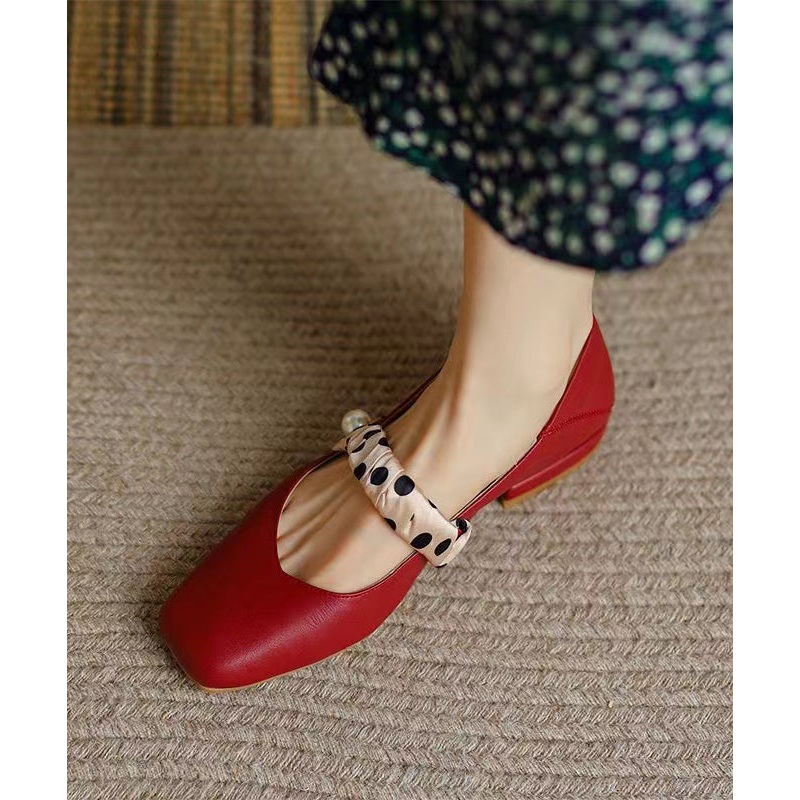 French Wine Red Soft Cowhide Leather Splicing Flats RI031
