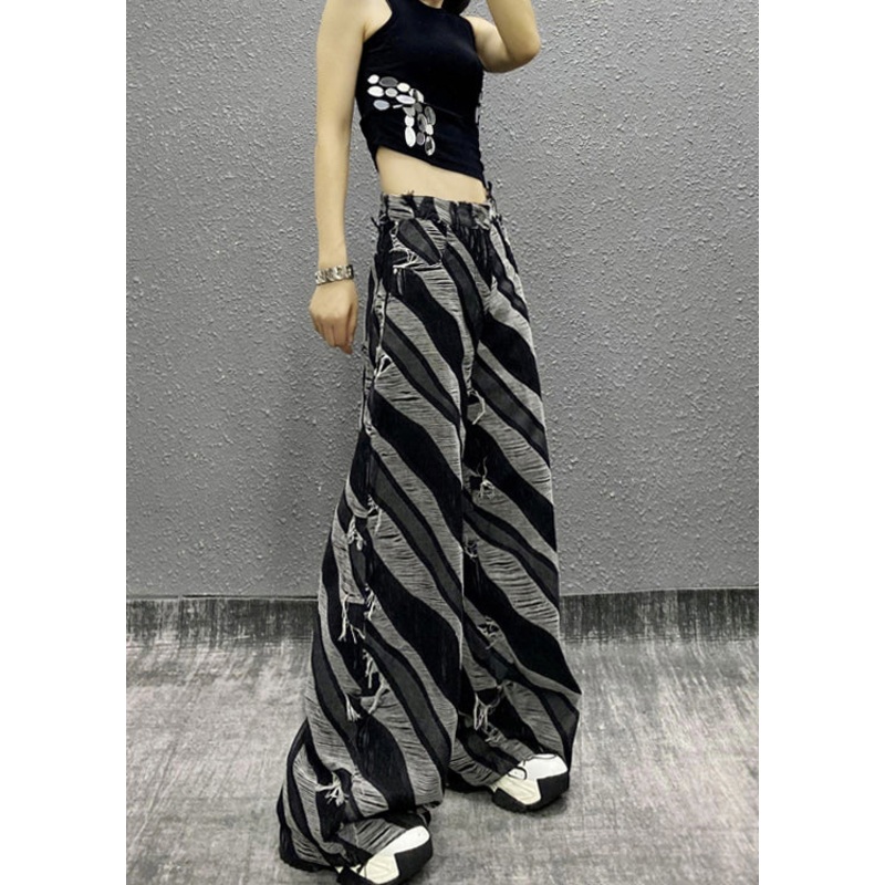 Italian Zebra Pattern Pockets Denim Wide Leg Pants Fall RI012