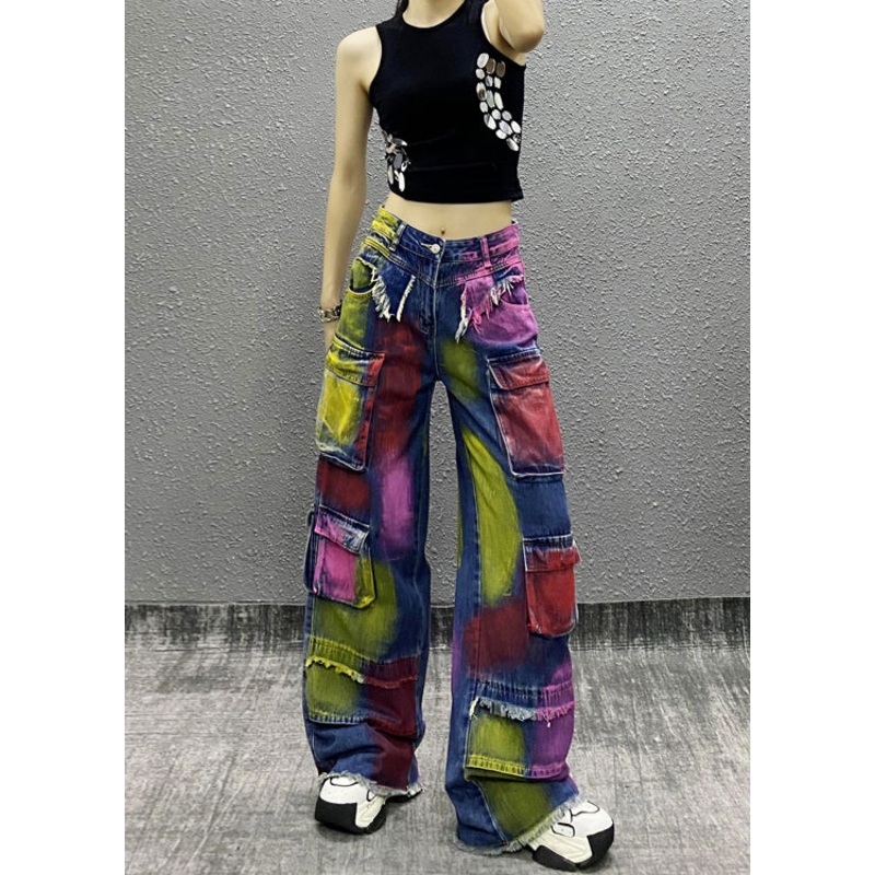 Original Tie Dye Tassel Pockets Patchwork Denim Wide Leg Pants Fall RI011