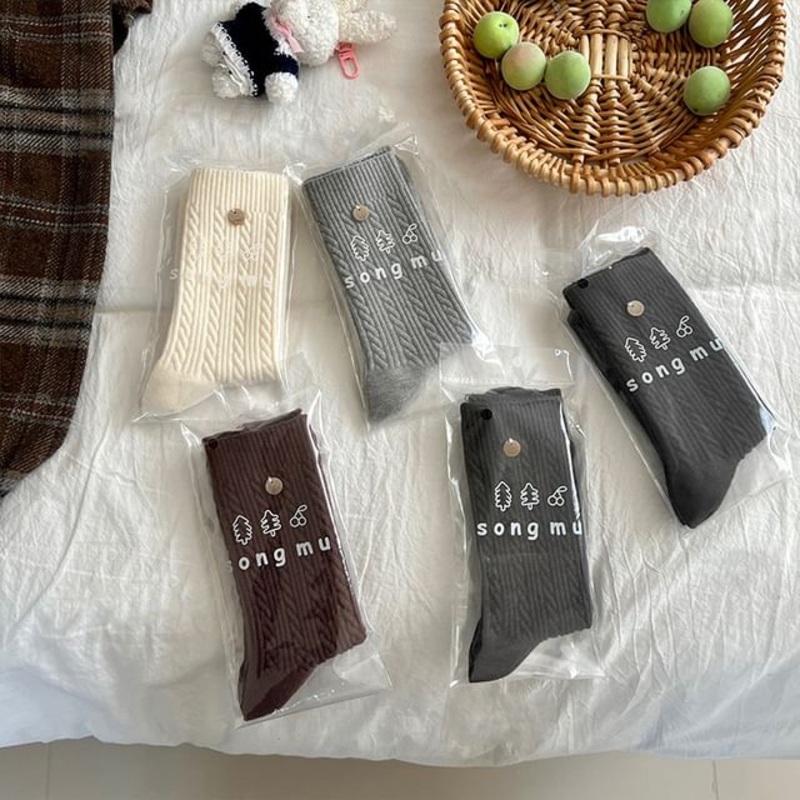 Plain Cable Knit Short Socks|Black|Dark Brown|Dark Gray|Light Gray|Off-White|One Size
