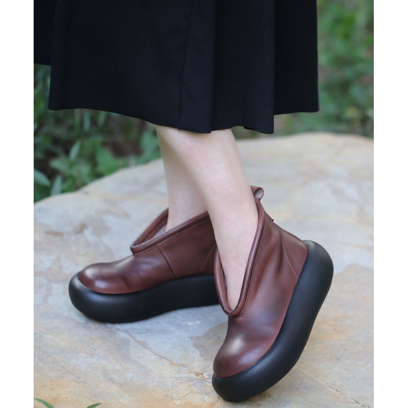 Retro Splicing Platform Ankle Boots Coffee Cowhide Leather RI024