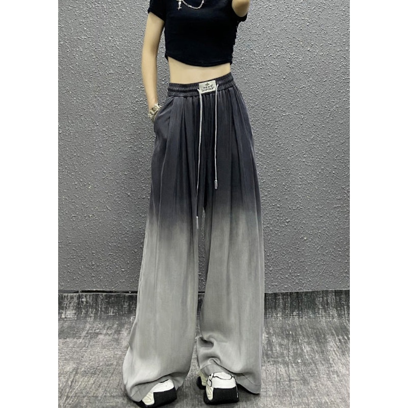 Unique Gradient Grey Pockets Drawstring Cotton Wide Leg Pants Fall RI009
