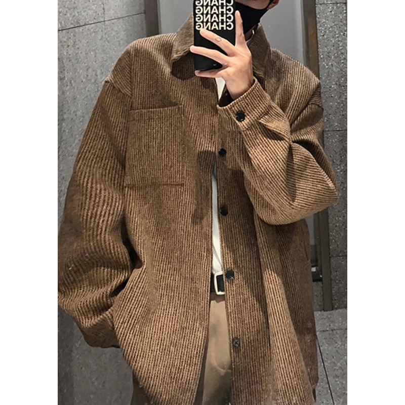 American Style Coffee Peter Pan Collar Pockets Corduroy Mens Shirts Coat Fall RO018