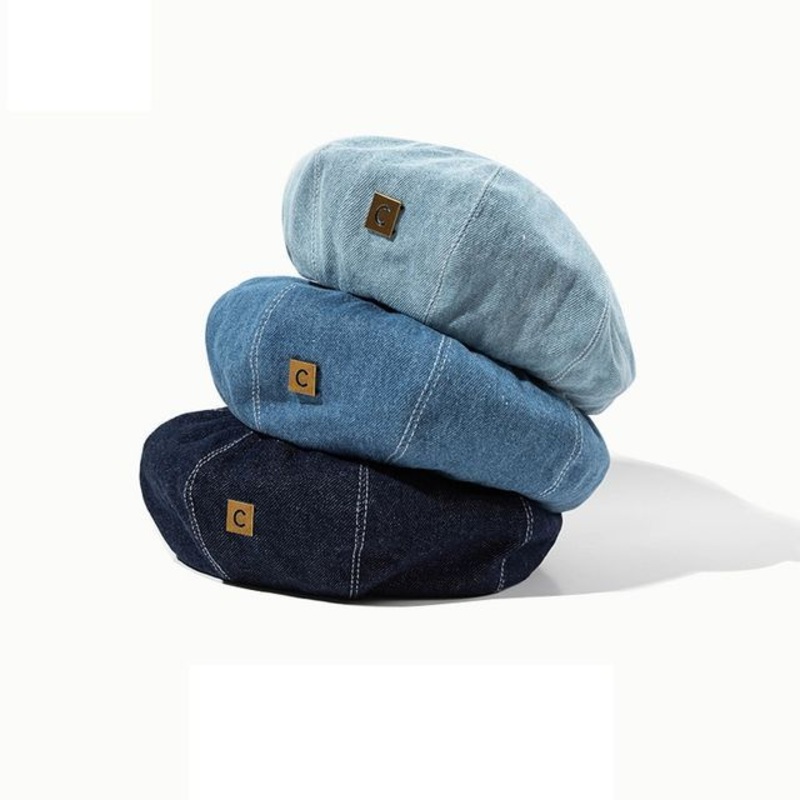Applique Denim Beret Hat|Blue|Dark Blue|Light Blue|One SIze