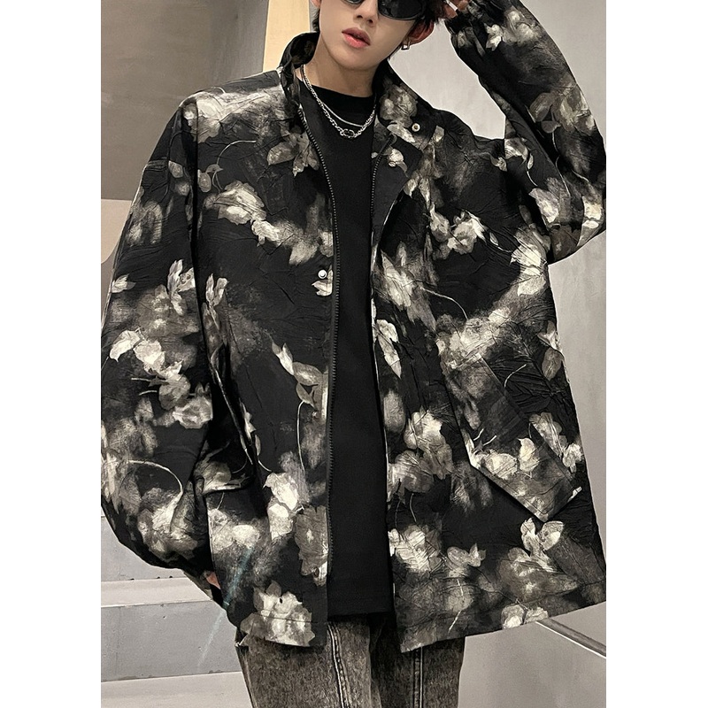 Art Black Print Zippered Pockets Men Coat Fall RO026