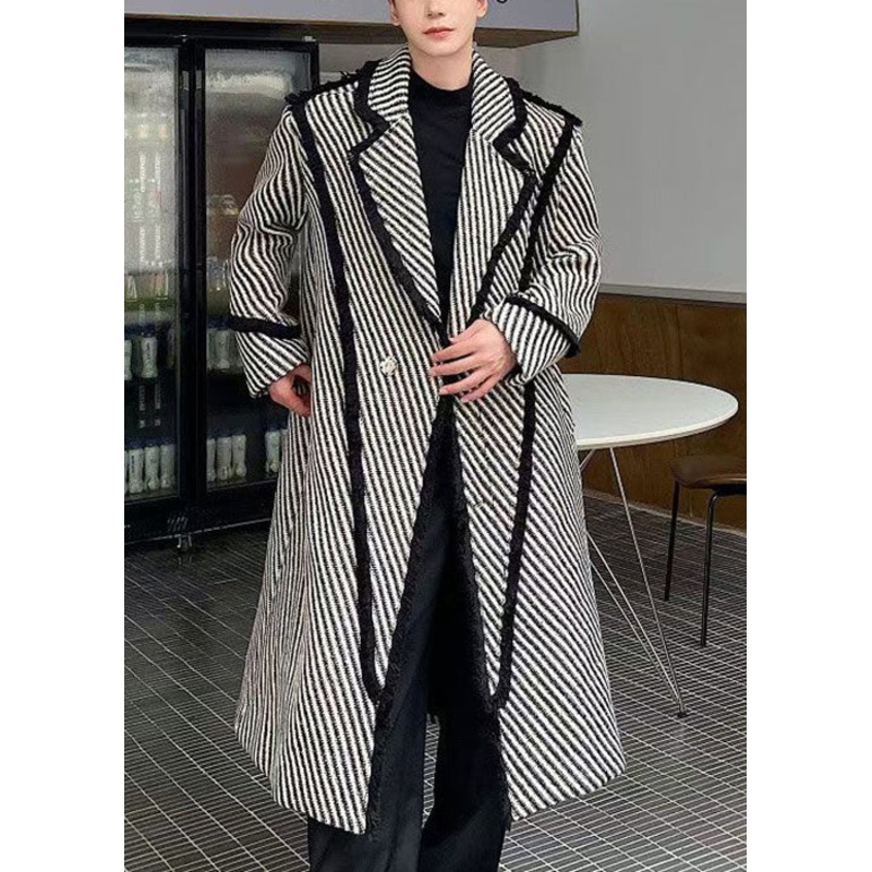 Art Grey Striped Button Woolen Mens Long Coats Winter RO047