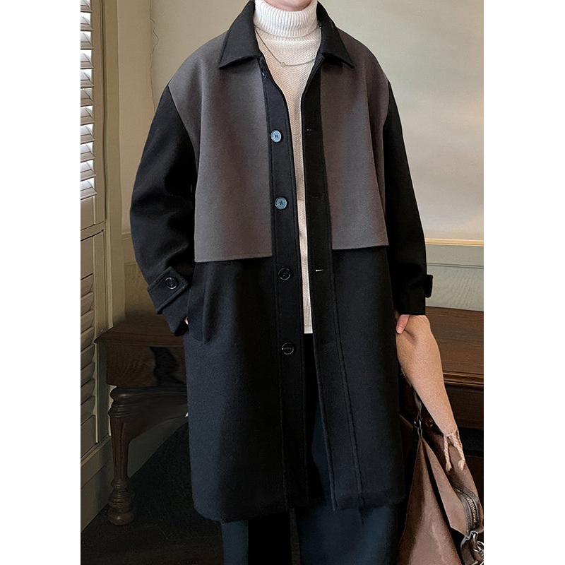 Black Button Pockets Patchwork Woolen Men Coat Peter Pan Collar Winter RO050