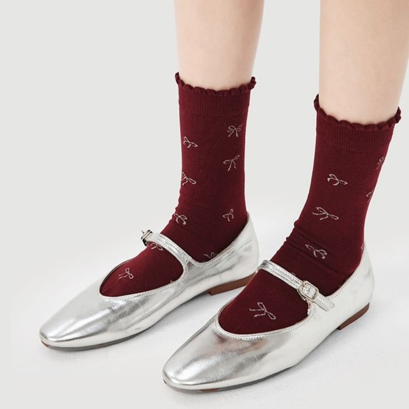 Bow Print Lettuce Edge Socks|R8907 – Bow – Wine Red|One Size