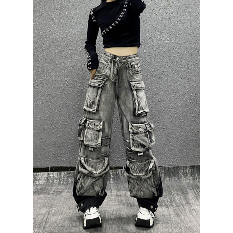 Casual Gray Black Multi Pocket Denim Pants Autumn RI001