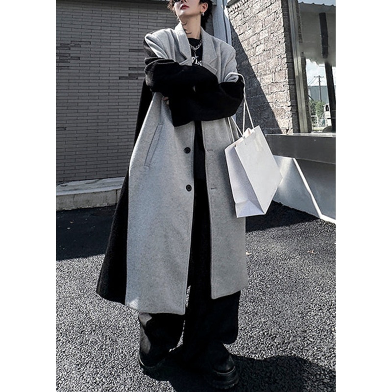 Chic Black Button Pockets Patchwork Woolen Mens Trench Coats Winter RO051