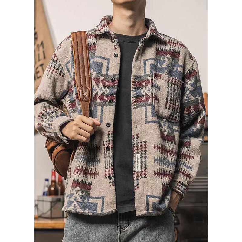 Chic Blue Peter Pan Collar Print Woolen Shirt Coat Men Fall RO016