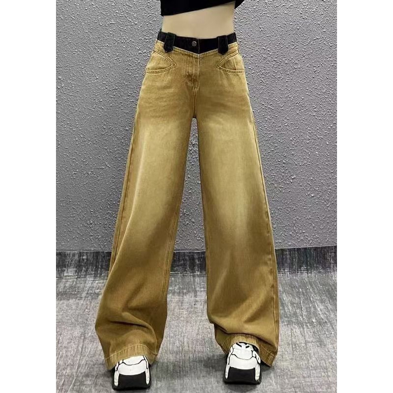 Chic Khaki Pockets Patchwork Denim Wide Leg Pants Fall RI007