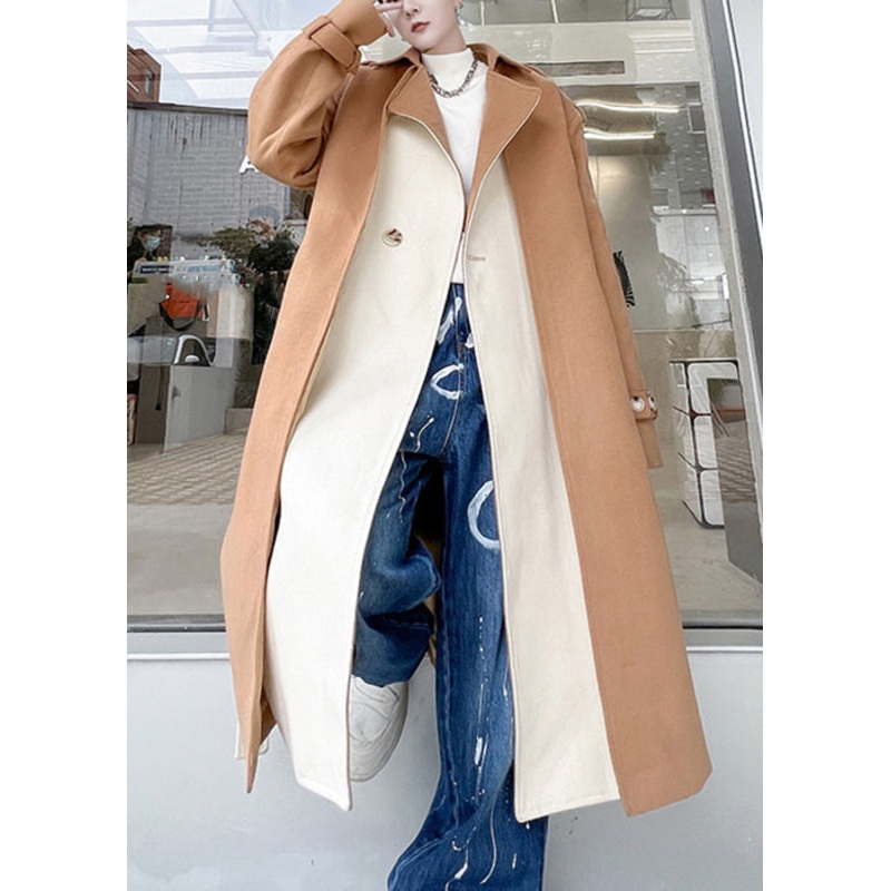 Cool Khaki Notched Tie Waist Patchwork Woolen Mens Trench Coat Winter RO046