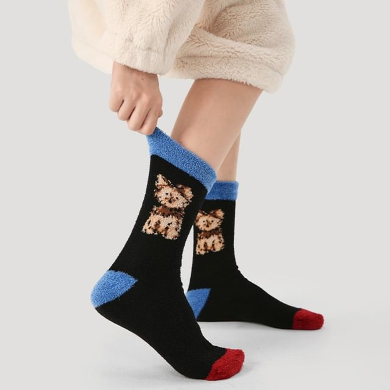 Dog Print Knit Socks|R8852 – Blue Trim – Black|One Size
