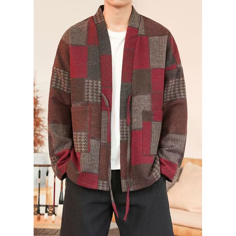 French Red Plaid Lace Up Woolen Mens Coats Winter RO030
