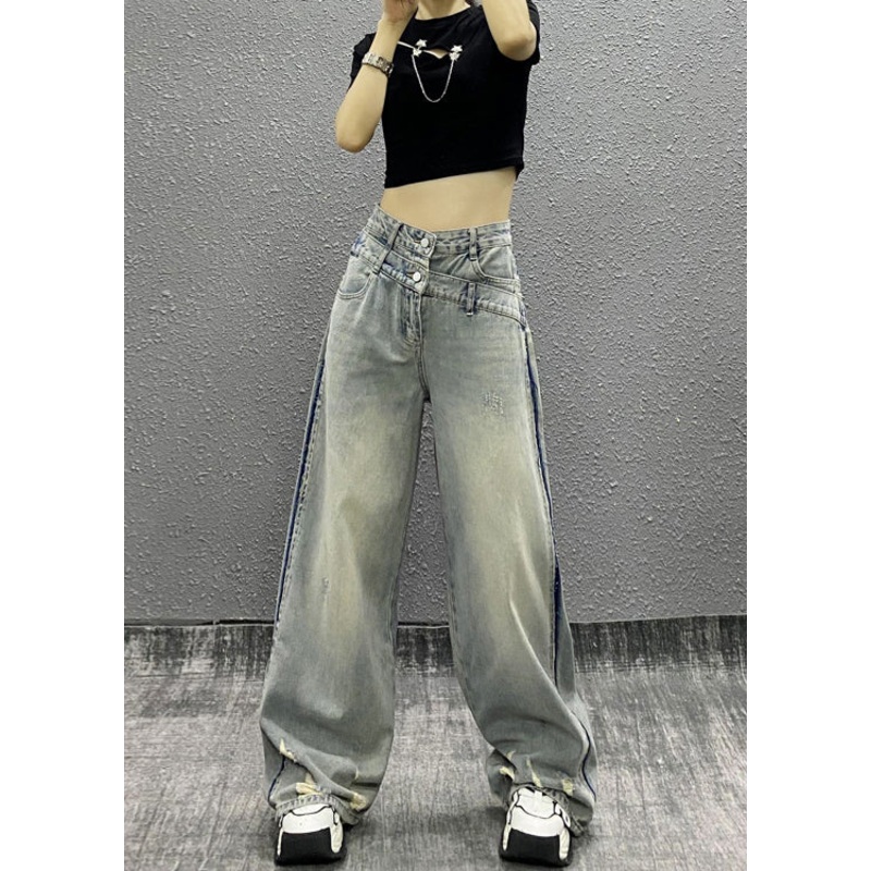 Italian Blue Pockets Patchwork Denim Wide Leg Pants Fall RI003
