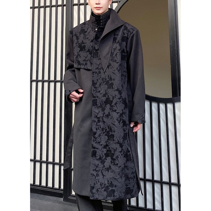 Jacquard Black Asymmetrical Tie Waist Men Trench Coat Winter RO024