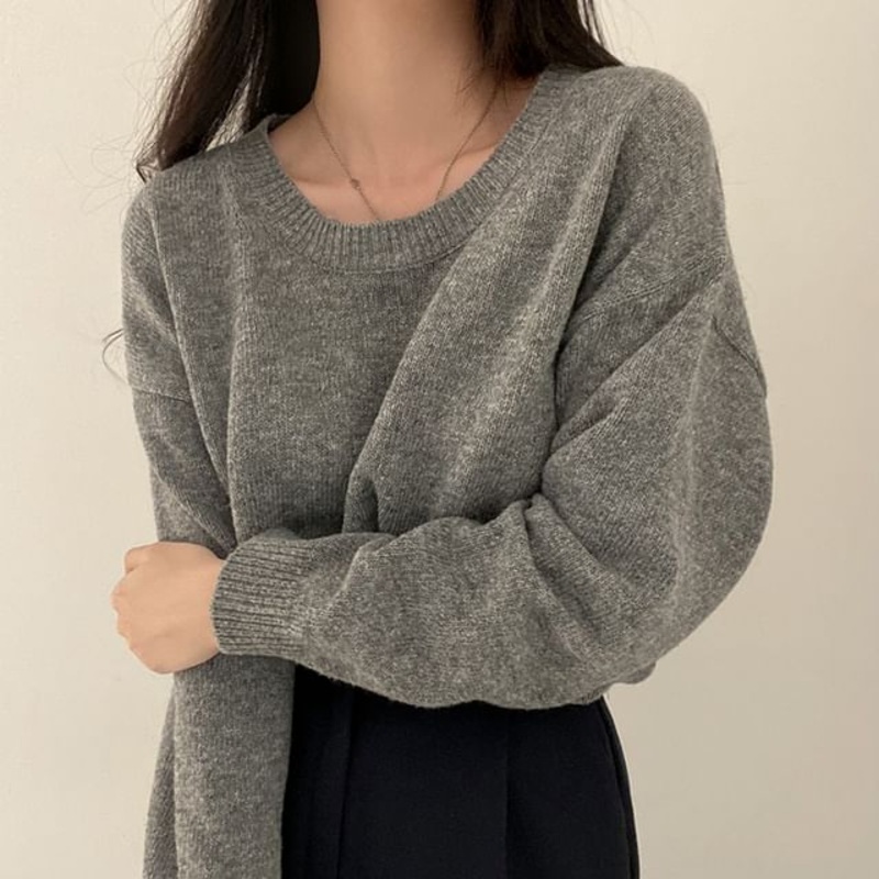 Round Neck Plain Sweater|Coffee|Gray|Light Almond|Navy Blue|One Size