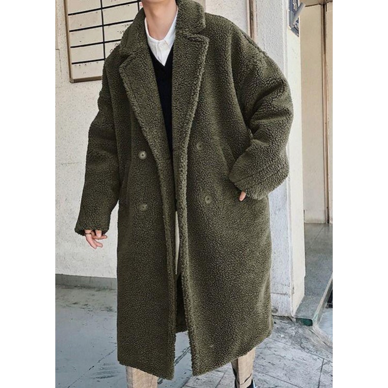 Simple Army Green Button Pockets Solid Teddy Faux Fur Men Coat Winter RO049