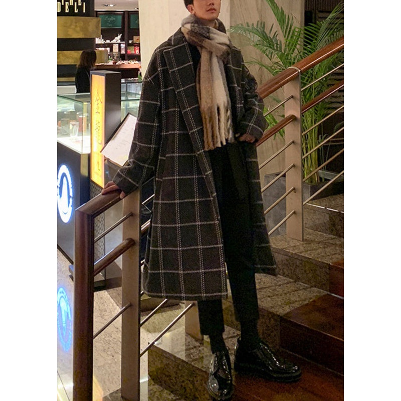 Stylish Coffee Plaid Notched Tie Waist Woolen Mens Coats Winter RO040