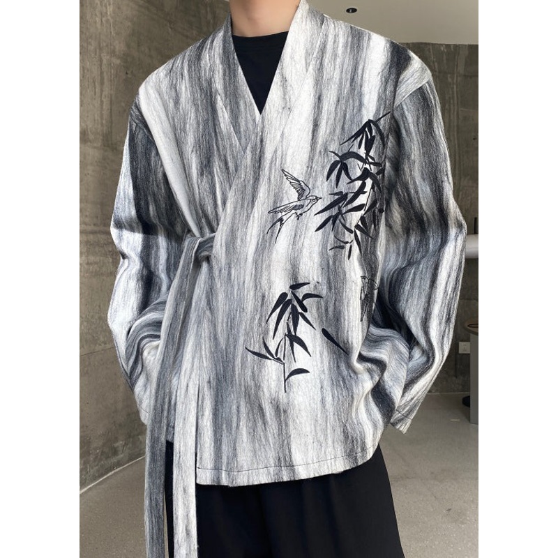 Vintage Grey Tie Dye Lace Up Mens Coats Fall RO025