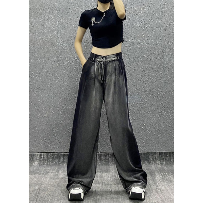 Women Black Grey Pockets Patchwork Denim Wide Leg Pants Fall RI008