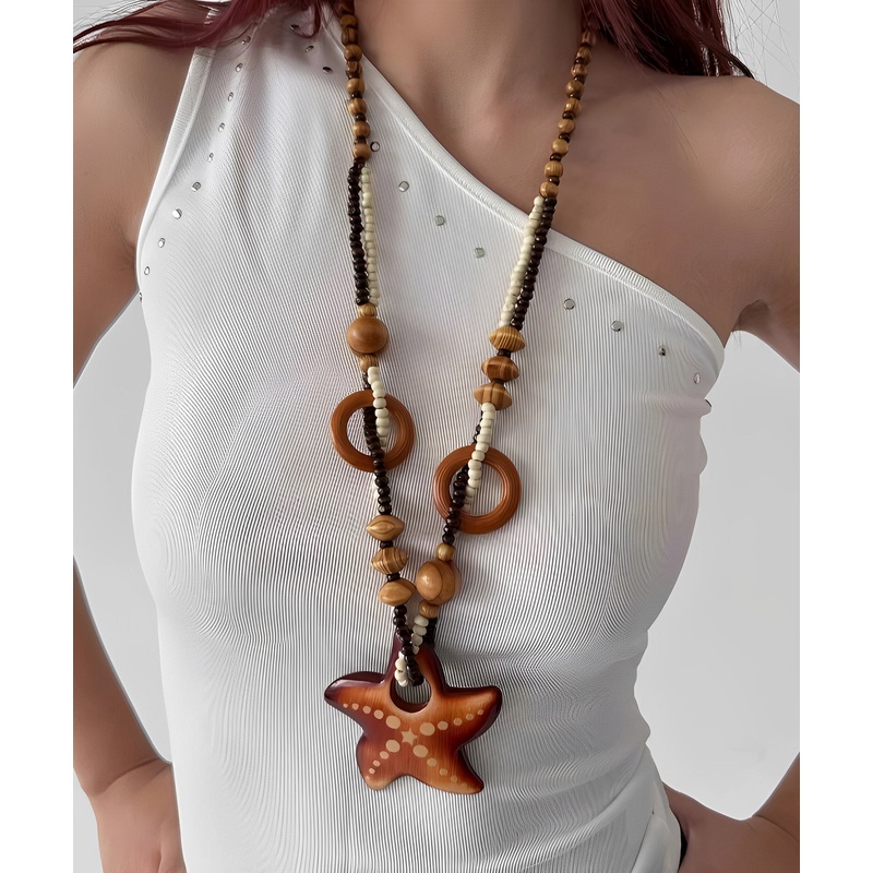 Brown Bohemian Woodiness Starfish Necklace Pendant Beads