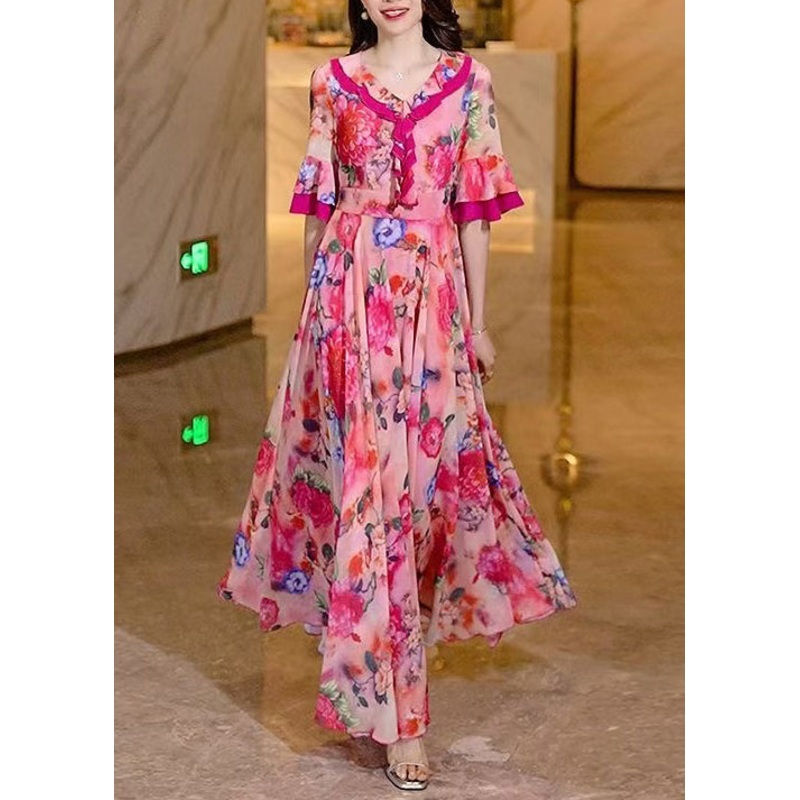 Chiffon Long Women Summer Print Ruffled Pink Dress