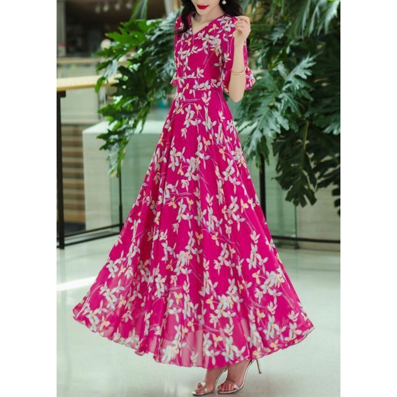 Chiffon Neck Wrinkled Maxi V Dresses Summer Rose Organic Print