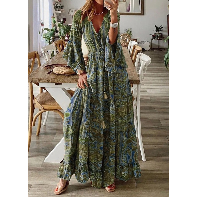 Cotton Dresses Print Flare Green Maxi V Sleeve Women Neck