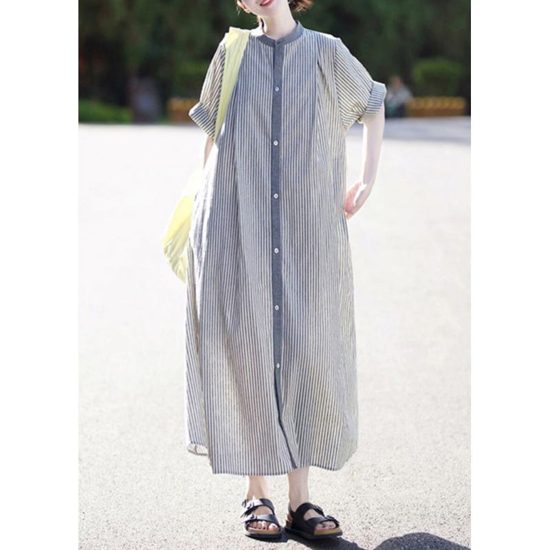 Cotton Summer Button Dress Collar Stand Shirts Striped Casual