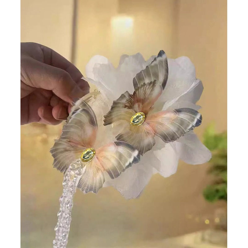 Fabric Hairpin Classy Tassel Butterfly Acrylic Zircon Beige