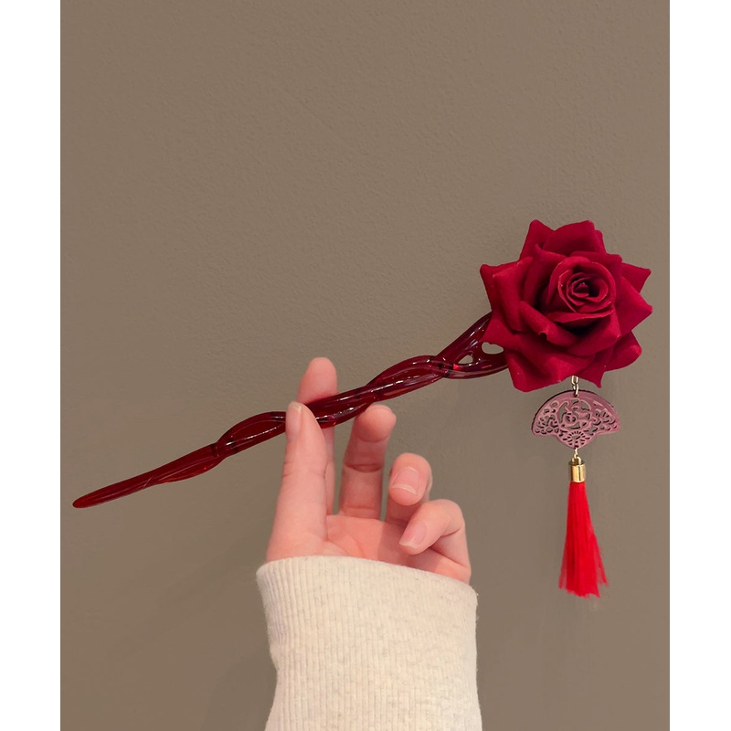 Glaze Red Rose Vintage Tassel Hairpin Coloured