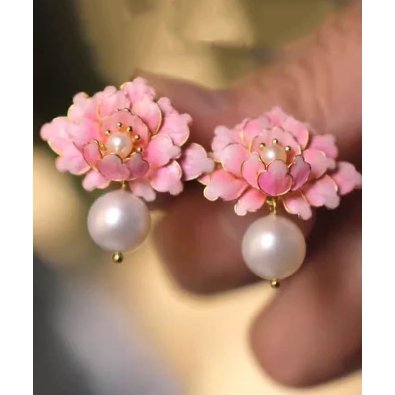 Peach Pink Alloy Stud Earrings Drip Blossom Glaze Cute Pearl