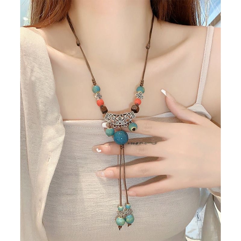 Pendant Alloy Coffee Retro Bead Ceramic Out Necklace Weave Hollow