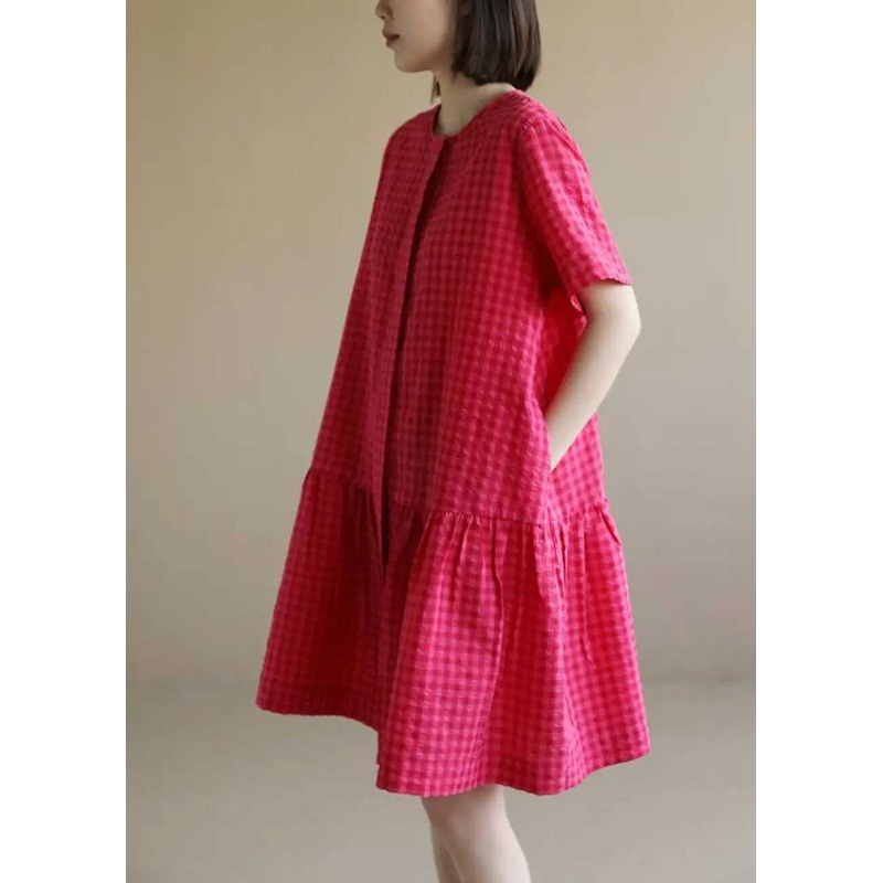 Summer Dresses Red O Neck Cotton Casual Mid Plaid