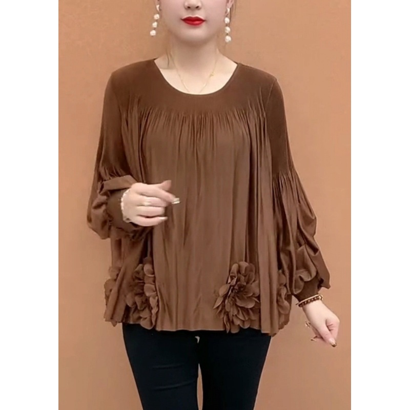 T Sleeve Coffee O-Neck Lantern Floral Patchwork Loose Shirt