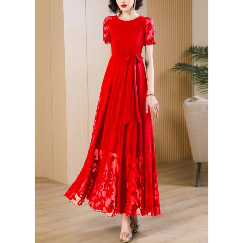 Up Print Unique Red Summer Lace O Neck Dress Chiffon