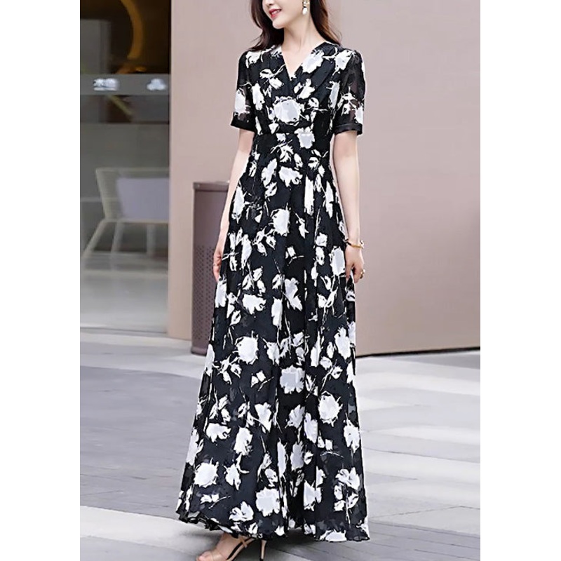 V Neck Summer Dress Black Chiffon Boho Print Long