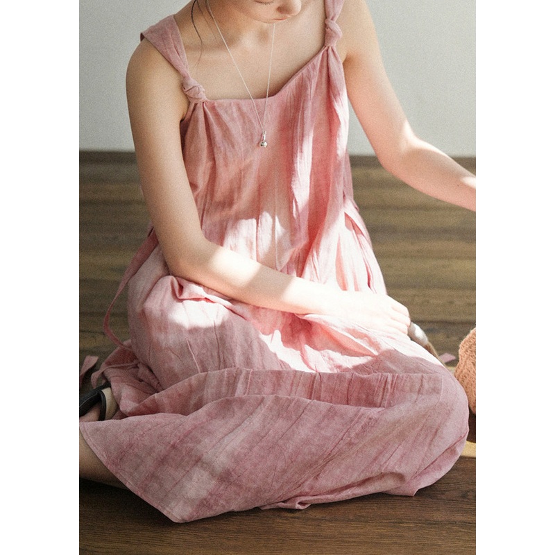 Art On Pink Sides Linen Waist Both Tie Wear Dress Spaghetti Strap
